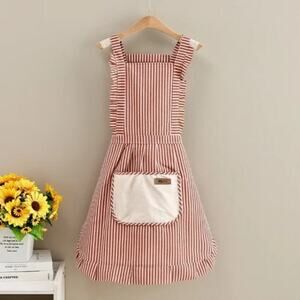 NEW Red Striped Ruffle Apron With Pocket Farmhouse Vintage Kitchen Baking Gift